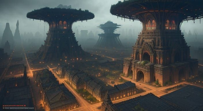 Ancient Metropolis in Vibrant Landscape, Bird's Eye View