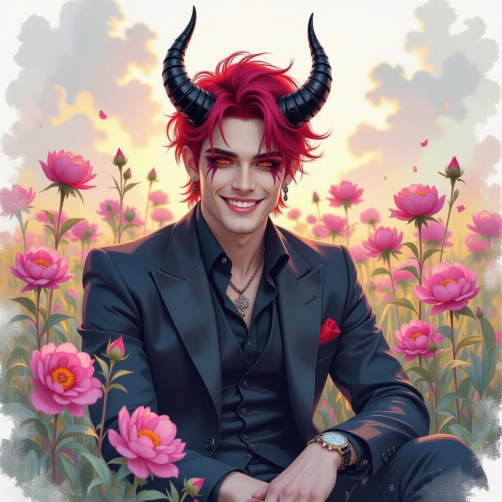 Gothic Man in Peony Field, Watercolor Style