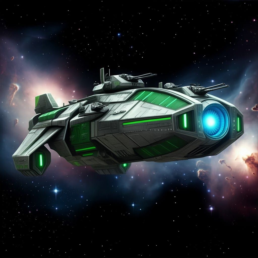 Sleek Silver Space Warship Against Nebula Backdrop