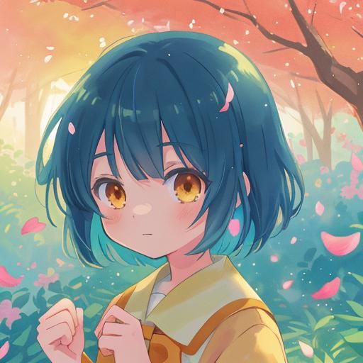 Anime Girl in Garden with Falling Petals