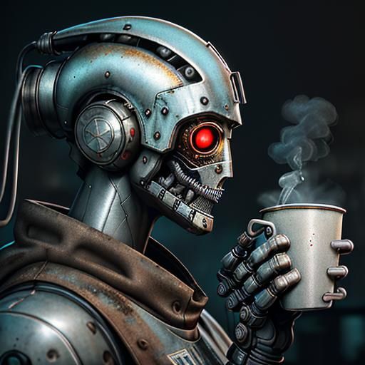 Robotic head in steel grey and chrome tones on left side of ...