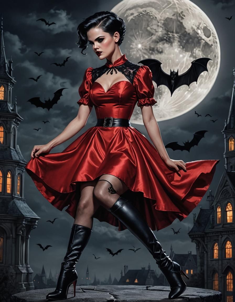 Gothic Vampire Pin-Up with Moonlit Background
