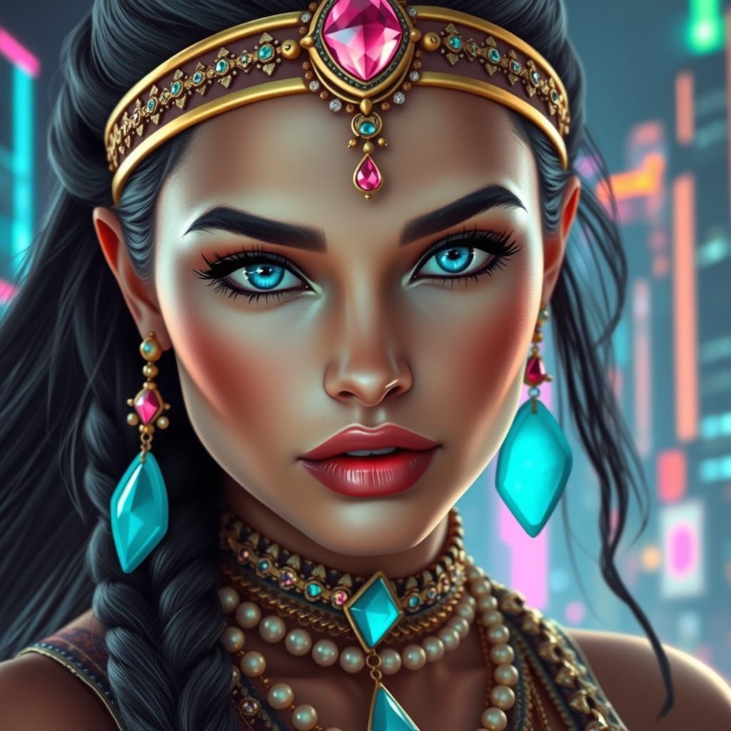 Luxurious Cyberpunk Goddess with Turquoise Earrings