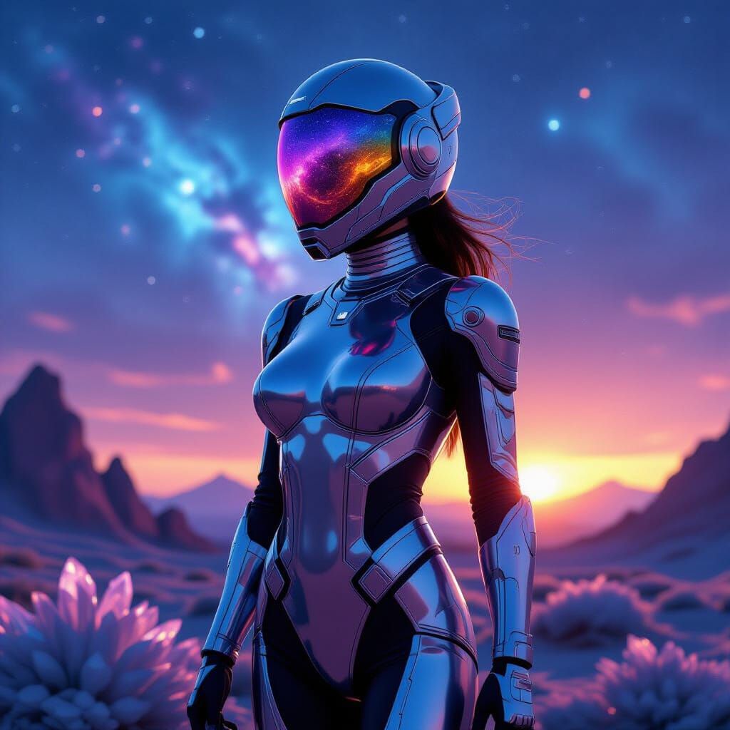 Woman In Glossy Space Suit With Nebula Reflections