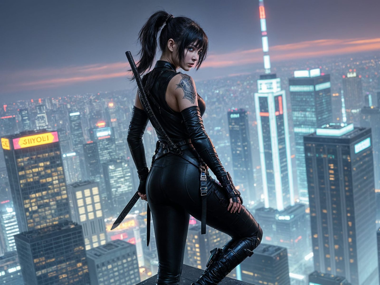 Cyberpunk Ninja on Neon Skyscraper at Night