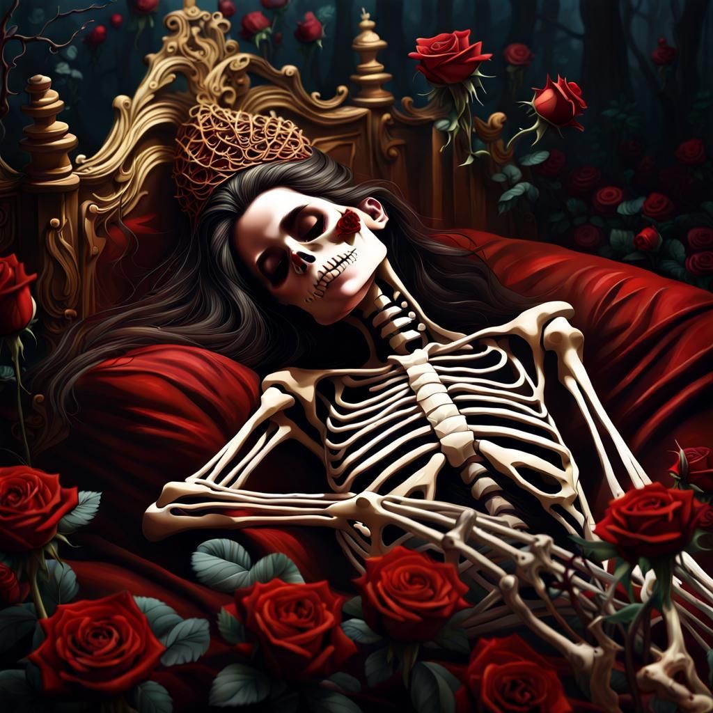 Skeletal Sleeping Beauty in Red and Gold