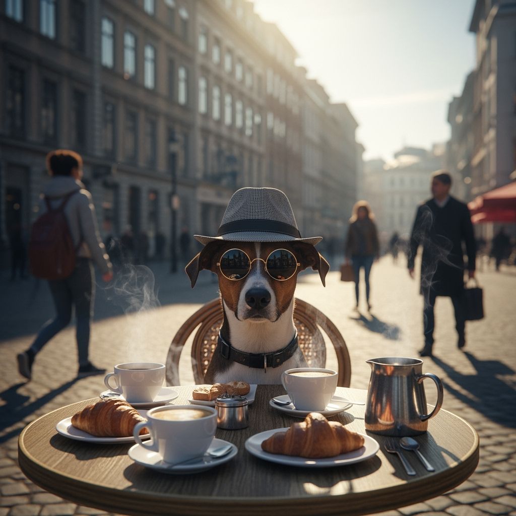 Dog in Fedora at City Cafe in Photorealistic Style