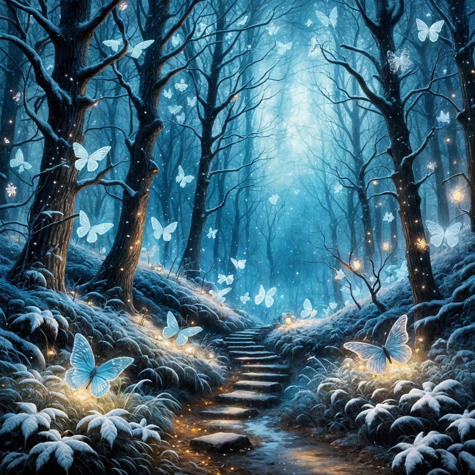 Bioluminescent Butterflies in Snowy Forest, Ethereal Fantasy