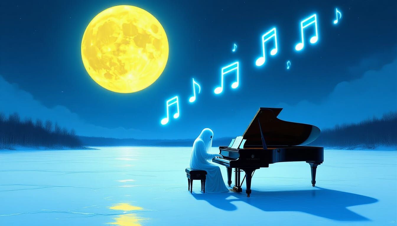 Ghostly Hands Play Piano on Frozen Lake Under Moon