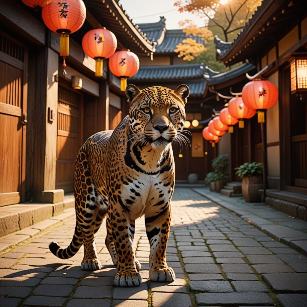 Regal Jaguar in Traditional Japanese Town