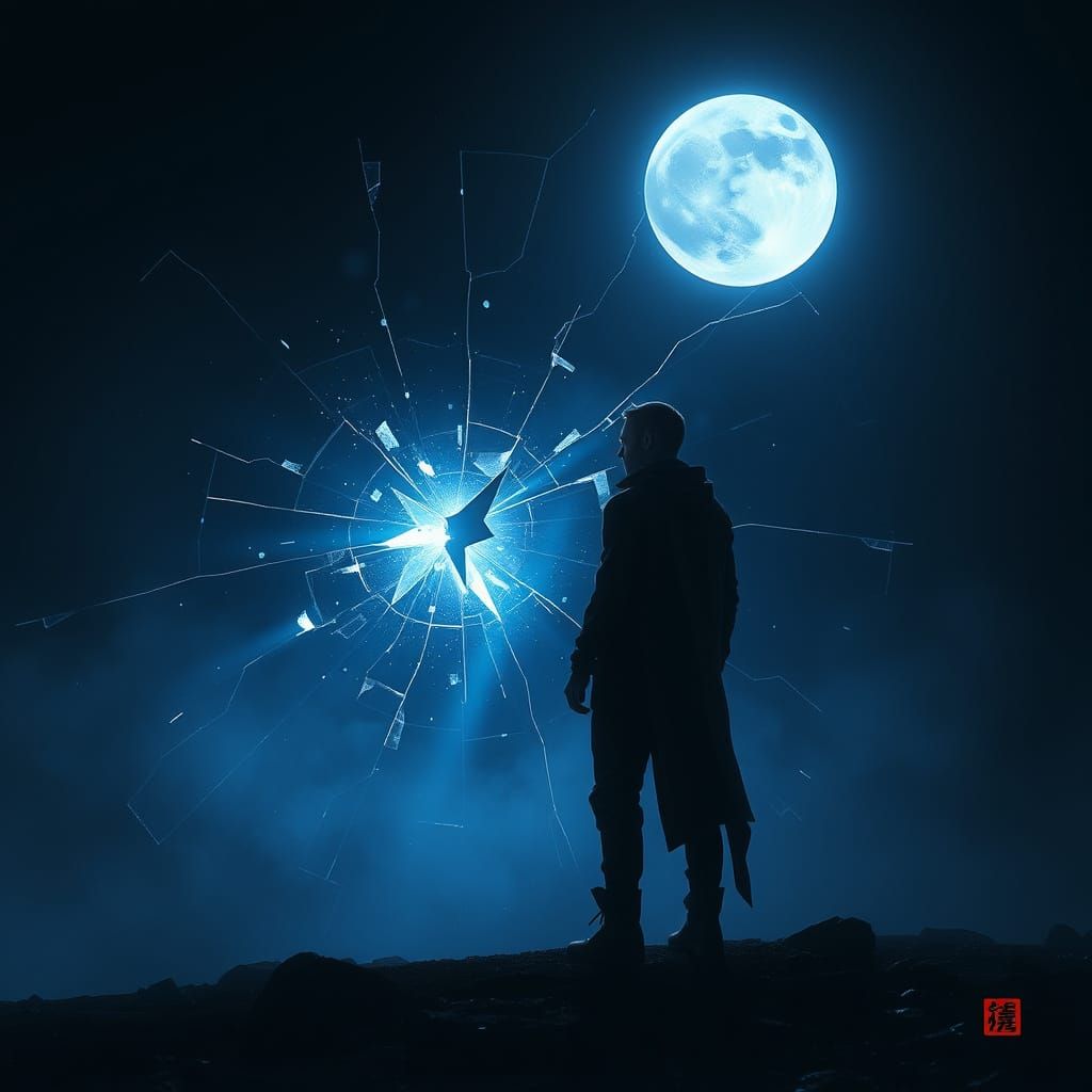 Futuristic Figure Under Moonlit Sky