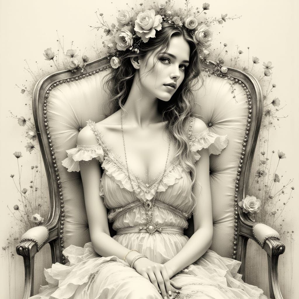 Surreal Pencil and Charcoal Portrait of a Woman in an Armcha...