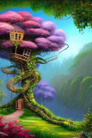 Whimsical Futuristic Treehouse Digital Matte Painting