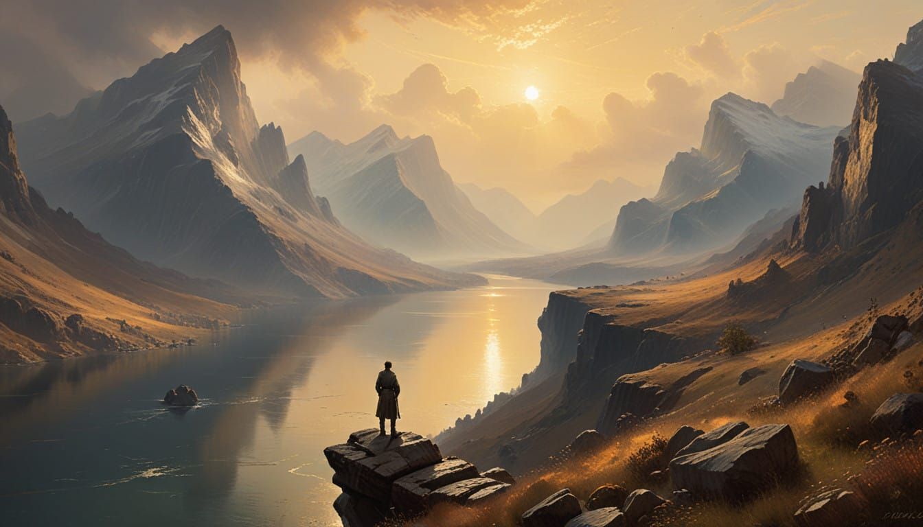 Majestic Cliffside Figure Contemplates Serene Landscape in I...