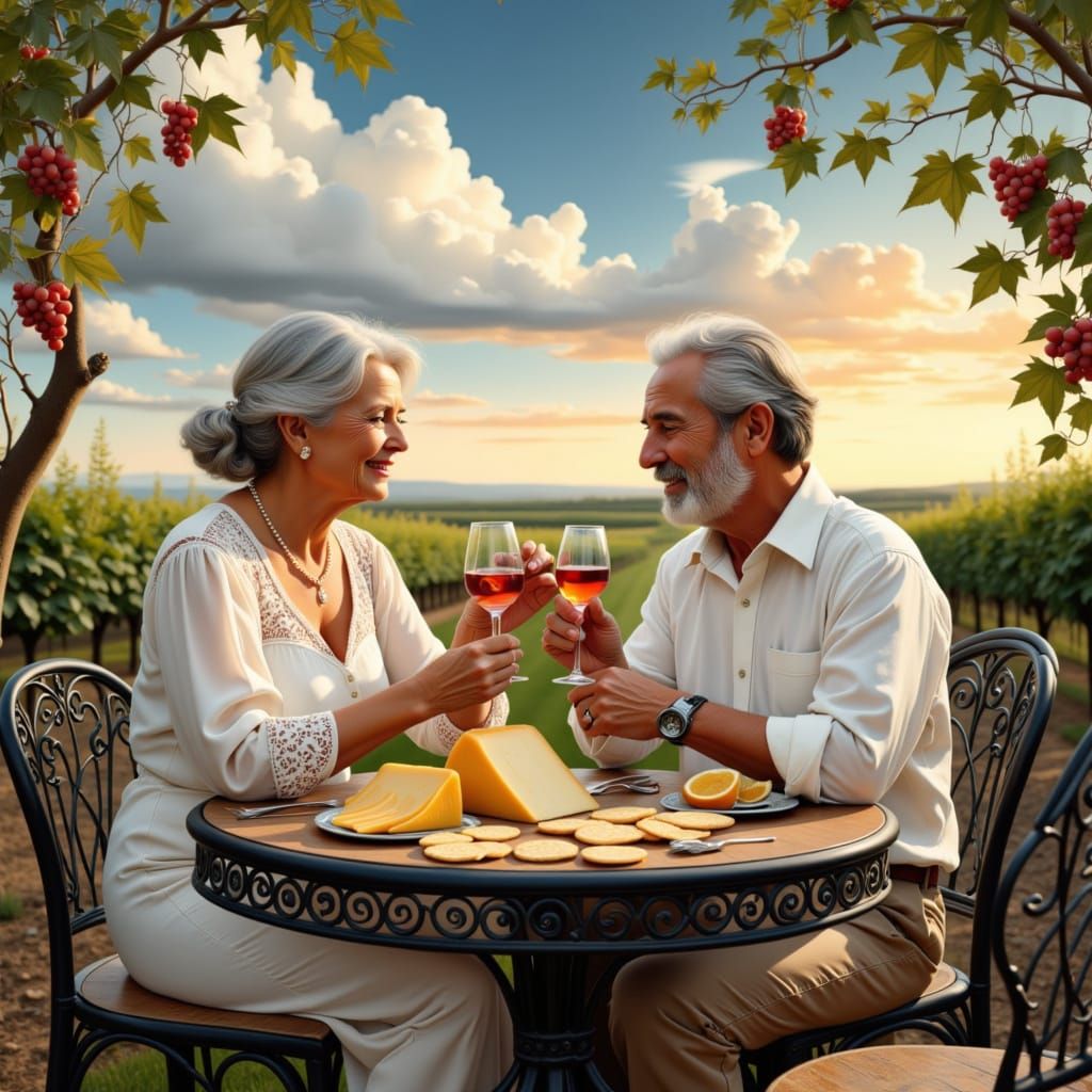 Elegant Silver-Haired Couple Share Aged Cheddar in Rustic Vi...