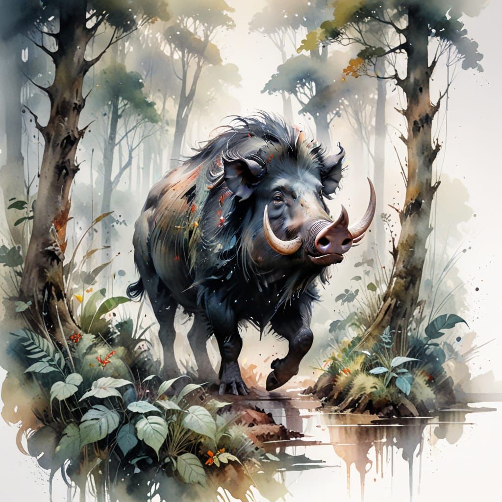 Massive Giant Forest Hog Forages in Misty Mountain Forest