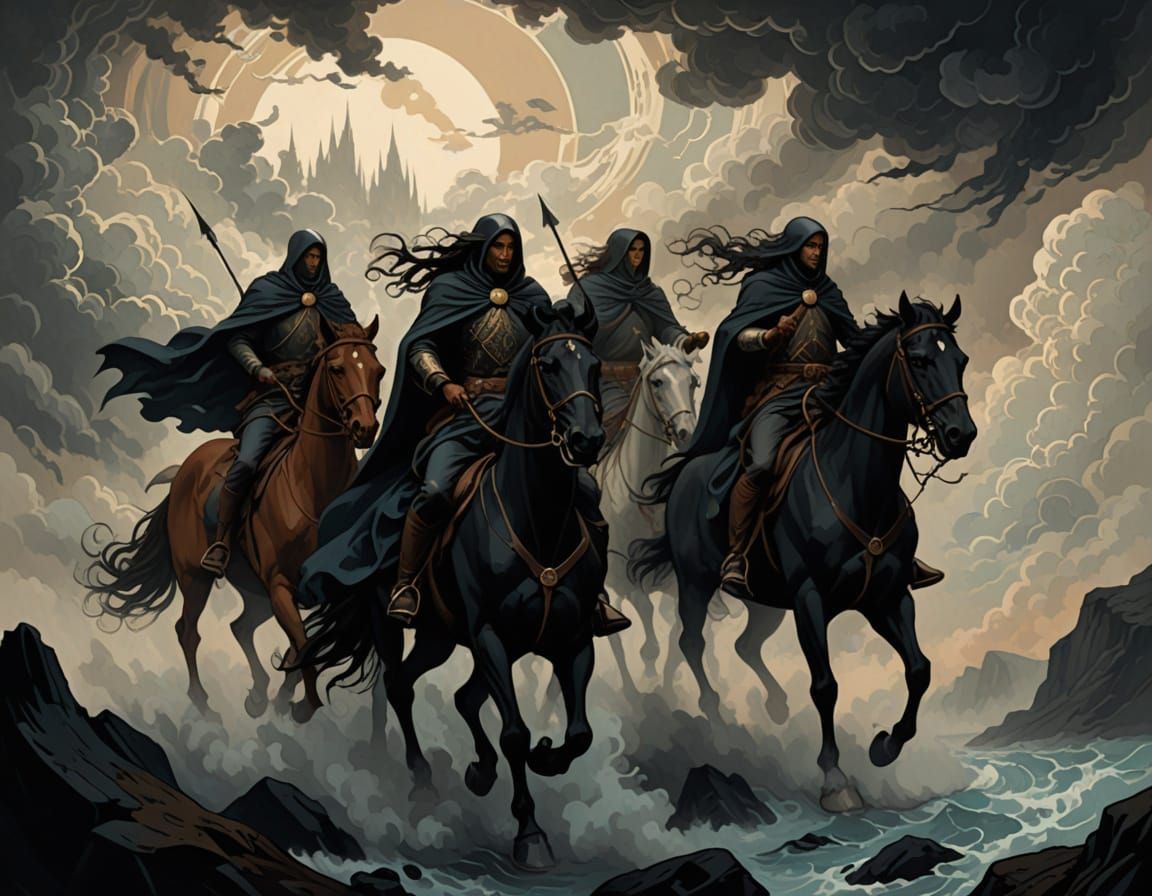 Four Horsemen Emerge from Dark Cloud in Art Nouveau Style