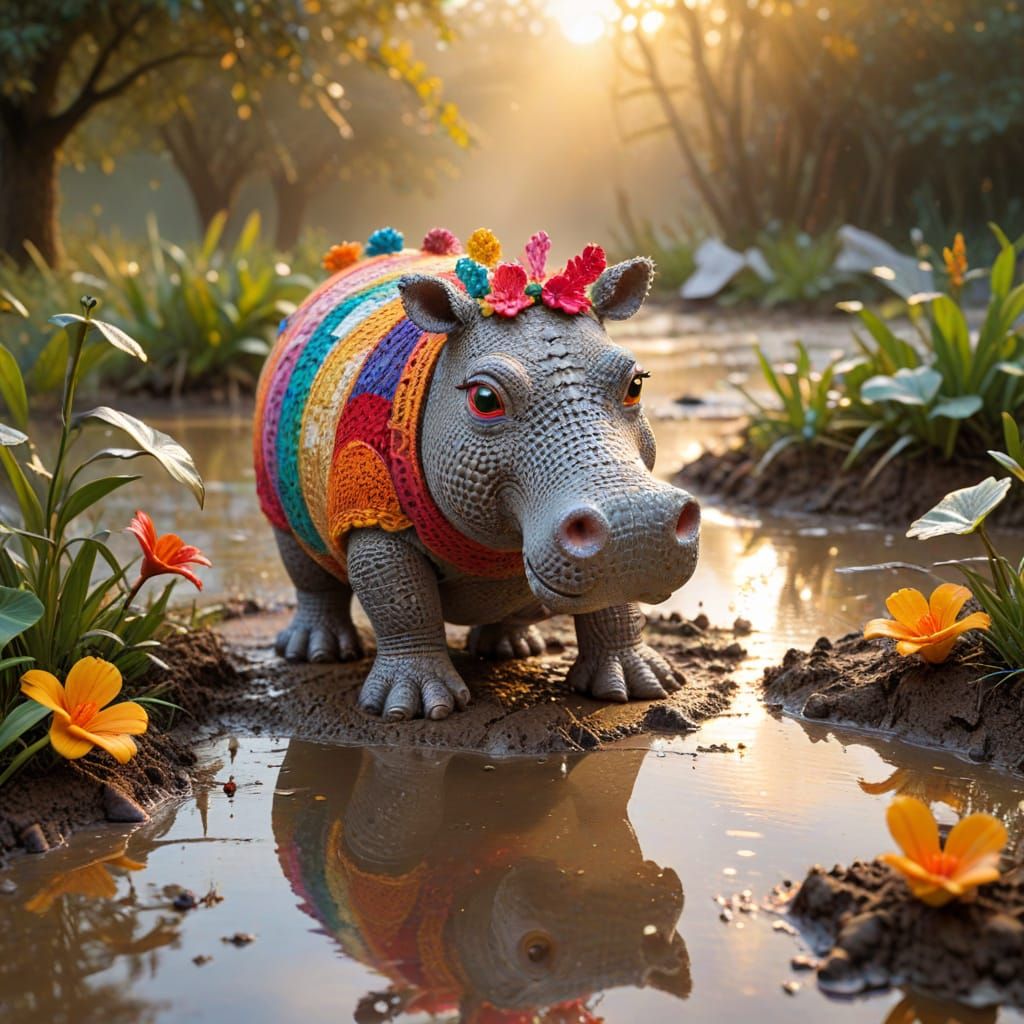 Whimsical Crochet Hippo in Folk Art Style