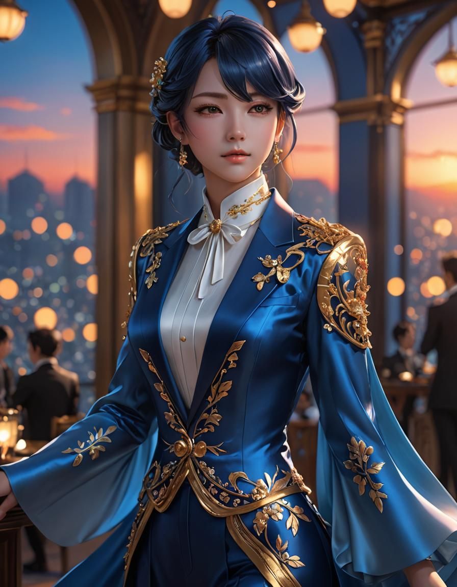 Silk Blue Suit in Anime Style Sunset