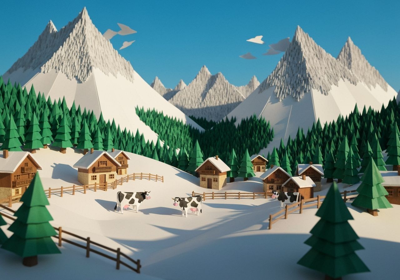 Origami Alpine Village in Winter Sunlight