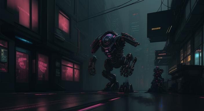 Cyberpunk Cityscape with Neon Lights and Mechanical Arms