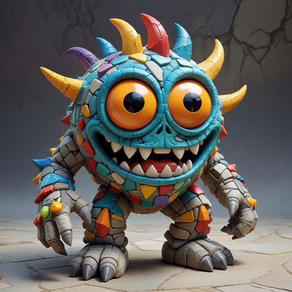 A playful, cartoon-style monster built from bright, mismatch...