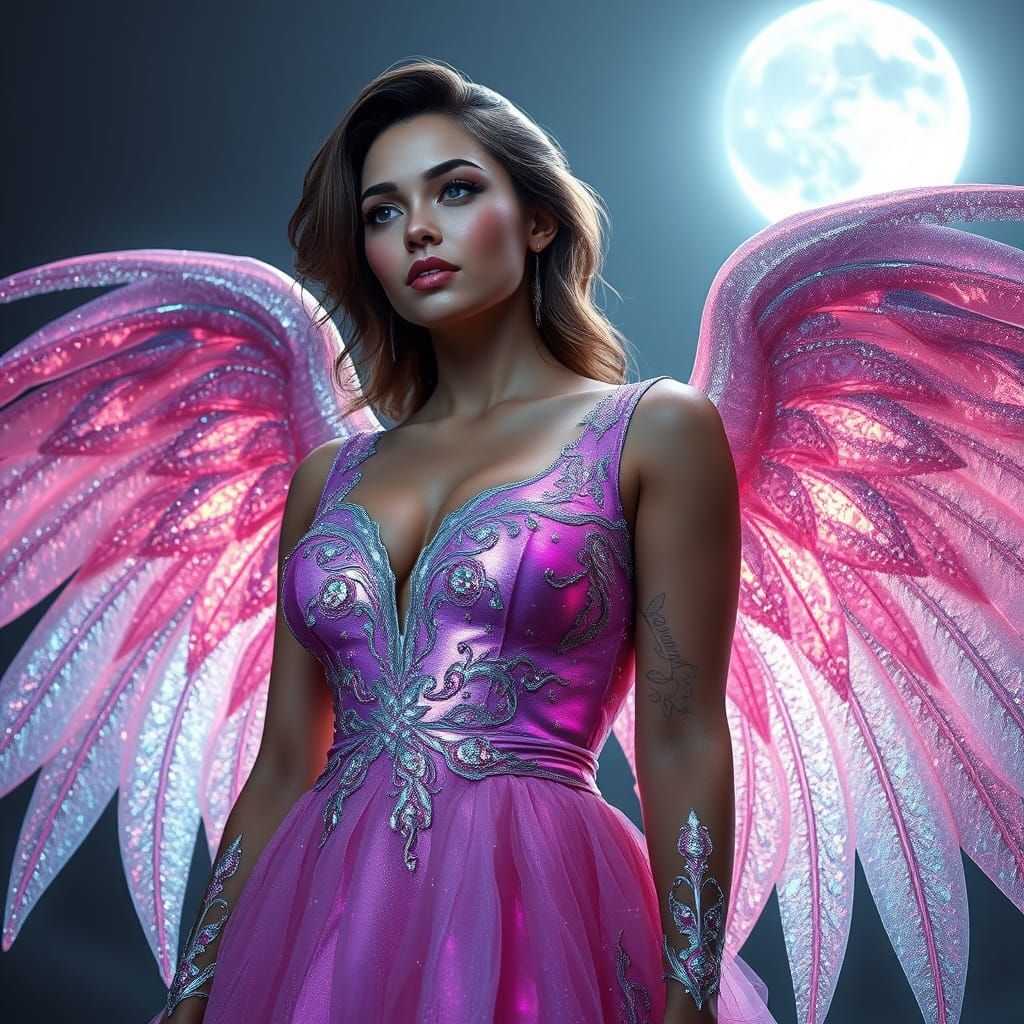 Ethereal Goddess Unfolds Glitter Wings Under Full Moon