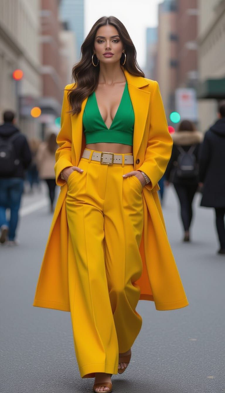 Confident Woman in Yellow Coat on City Street