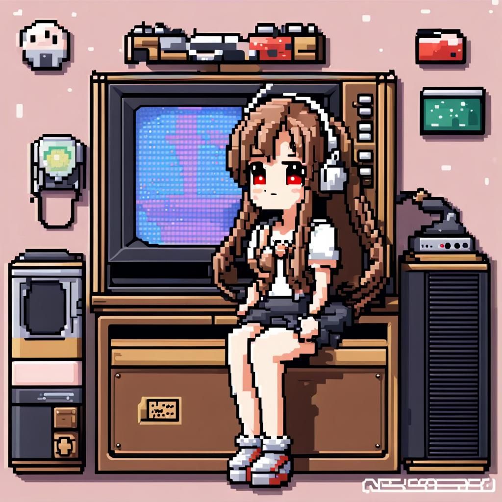 Cute Anime Gamer in 16-bit Pixel Art Style