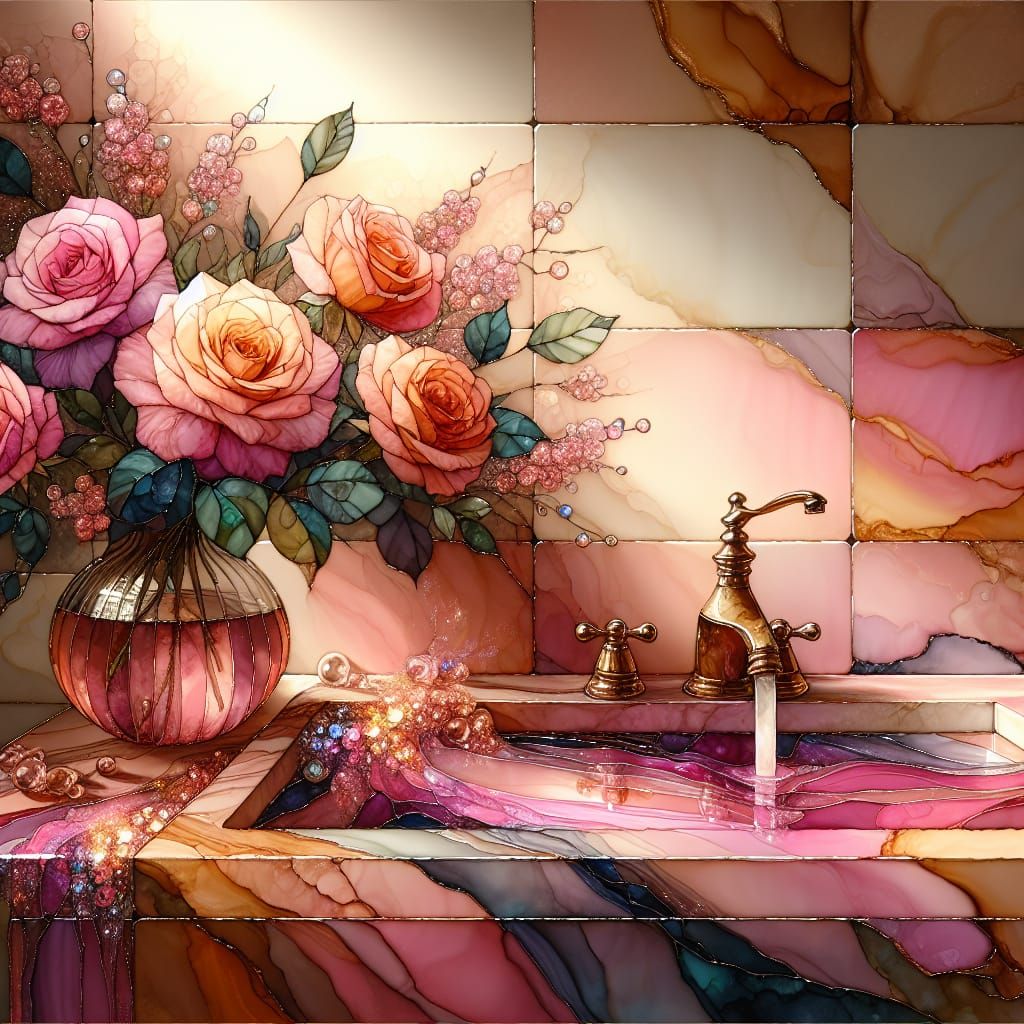 Pink Marble Sink with Roses in Stained Glass Style
