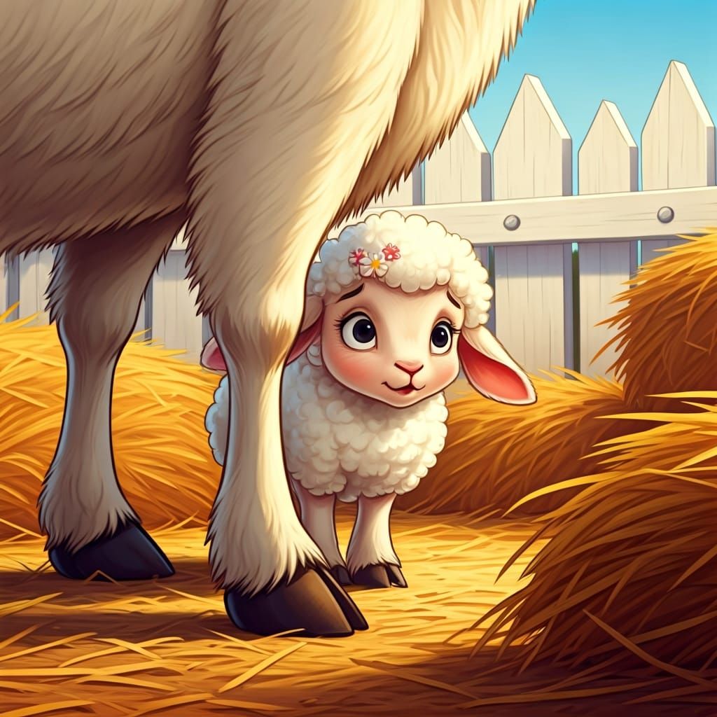 Bashful Lamb Hiding in Farmyard, Classic Cartoon Style