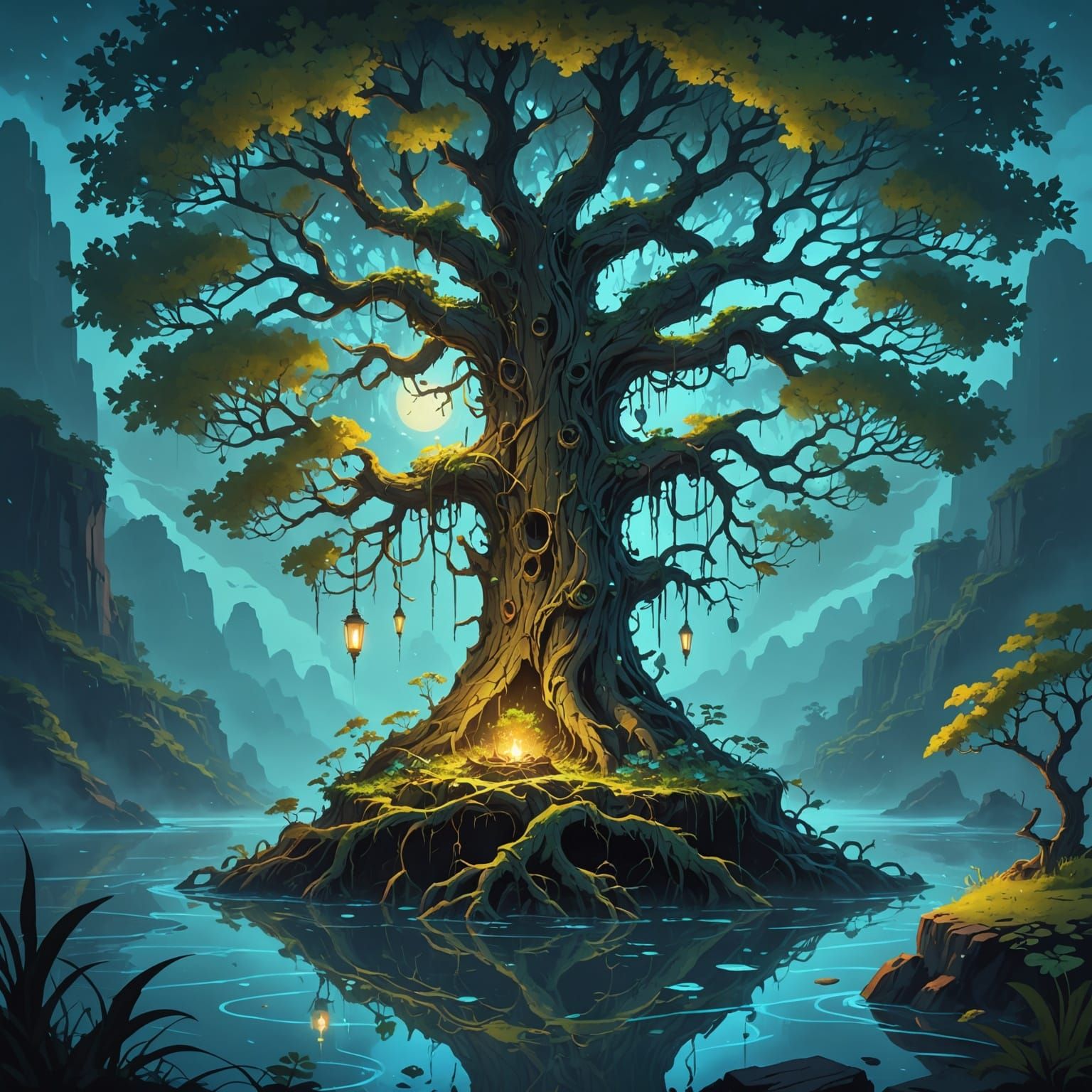 Ancient Bioluminescent Tree on Floating Island in Twilight