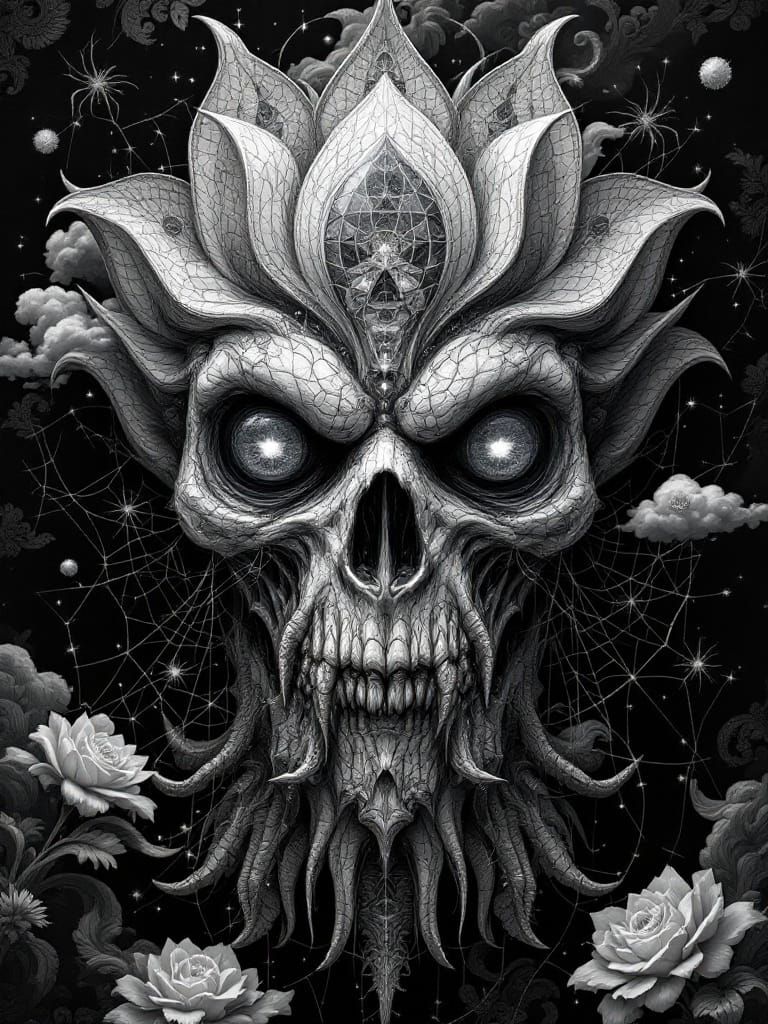 Grotesque Lotus Flower Monster in Escher-Inspired Architectu...