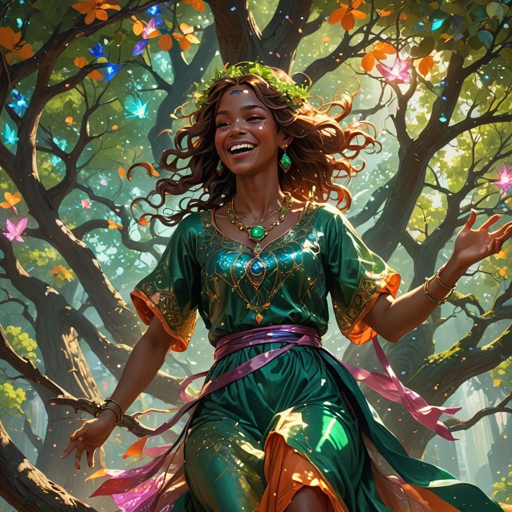 Woman Swings on Tree of Life in Emerald and Pink