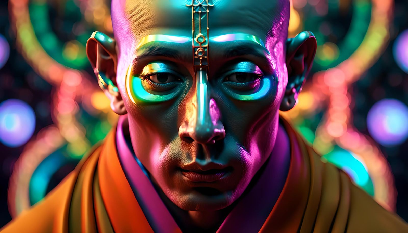 Holographic Monk Portrait in Cyberpunk Style