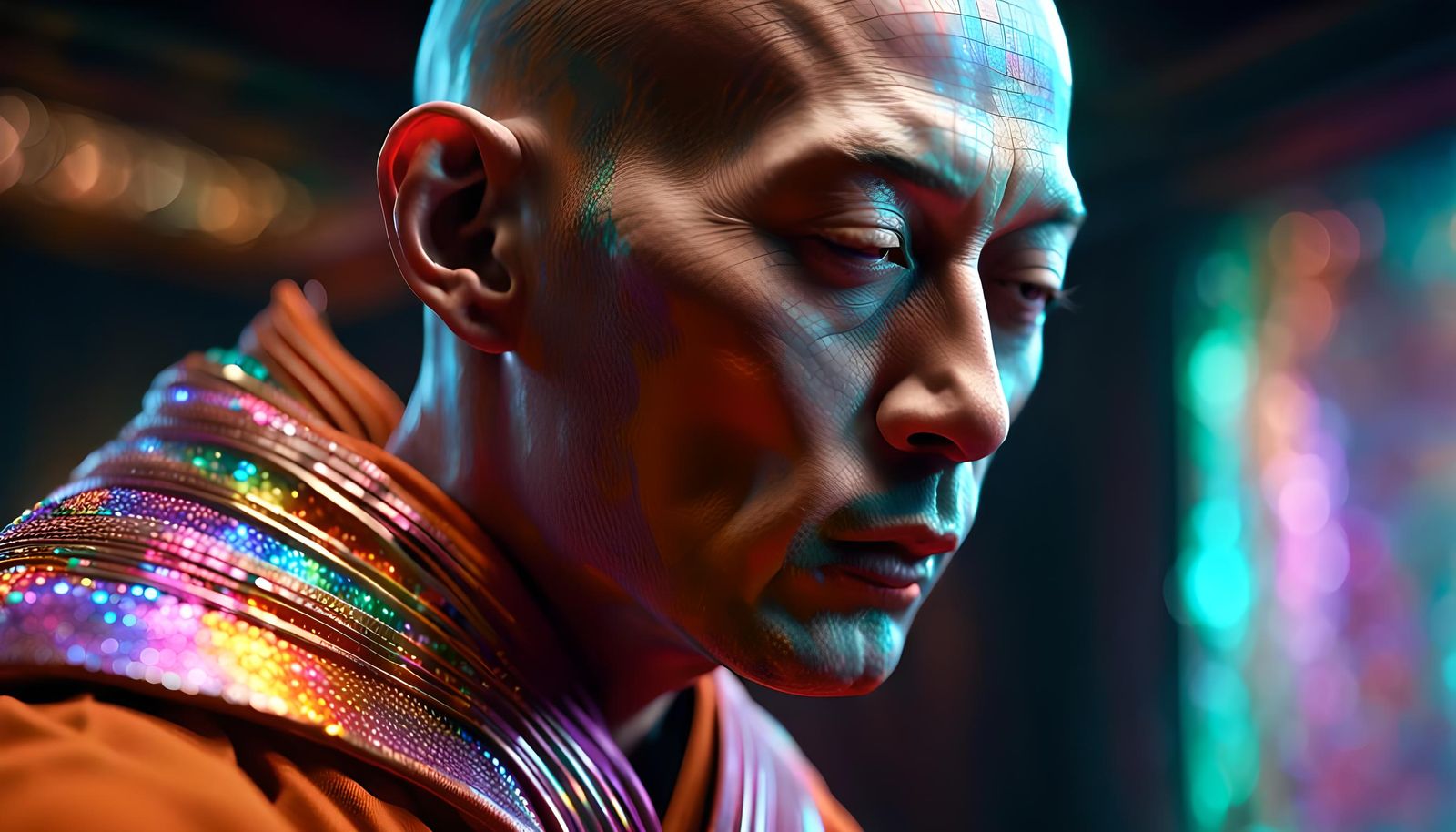 Holographic Monk Portrait in Biopunk Style