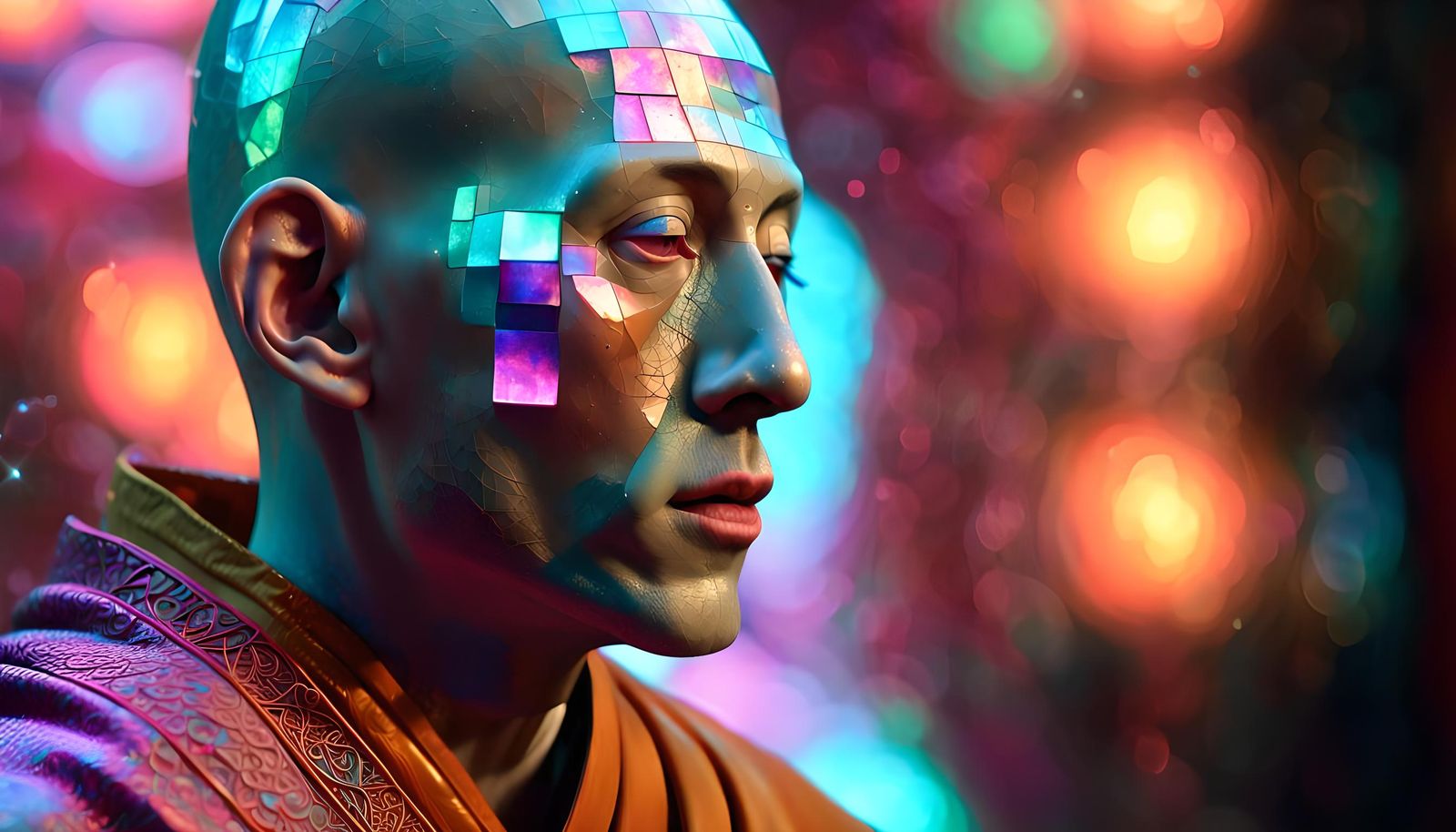 Holographic Monk Portrait in Biopunk Style