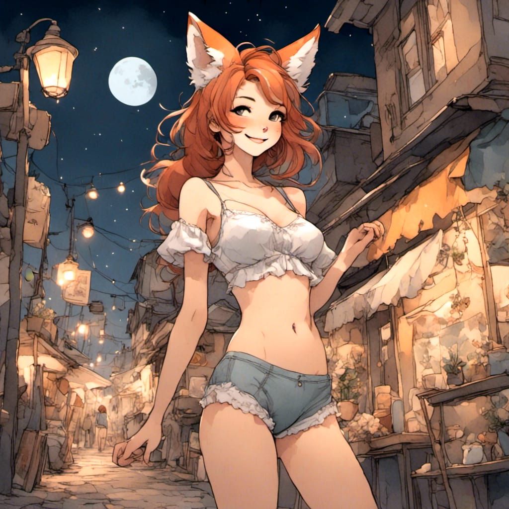 Fox-girl VIXEN :posing in feminine underwear apparel at night. Smiling shyly.