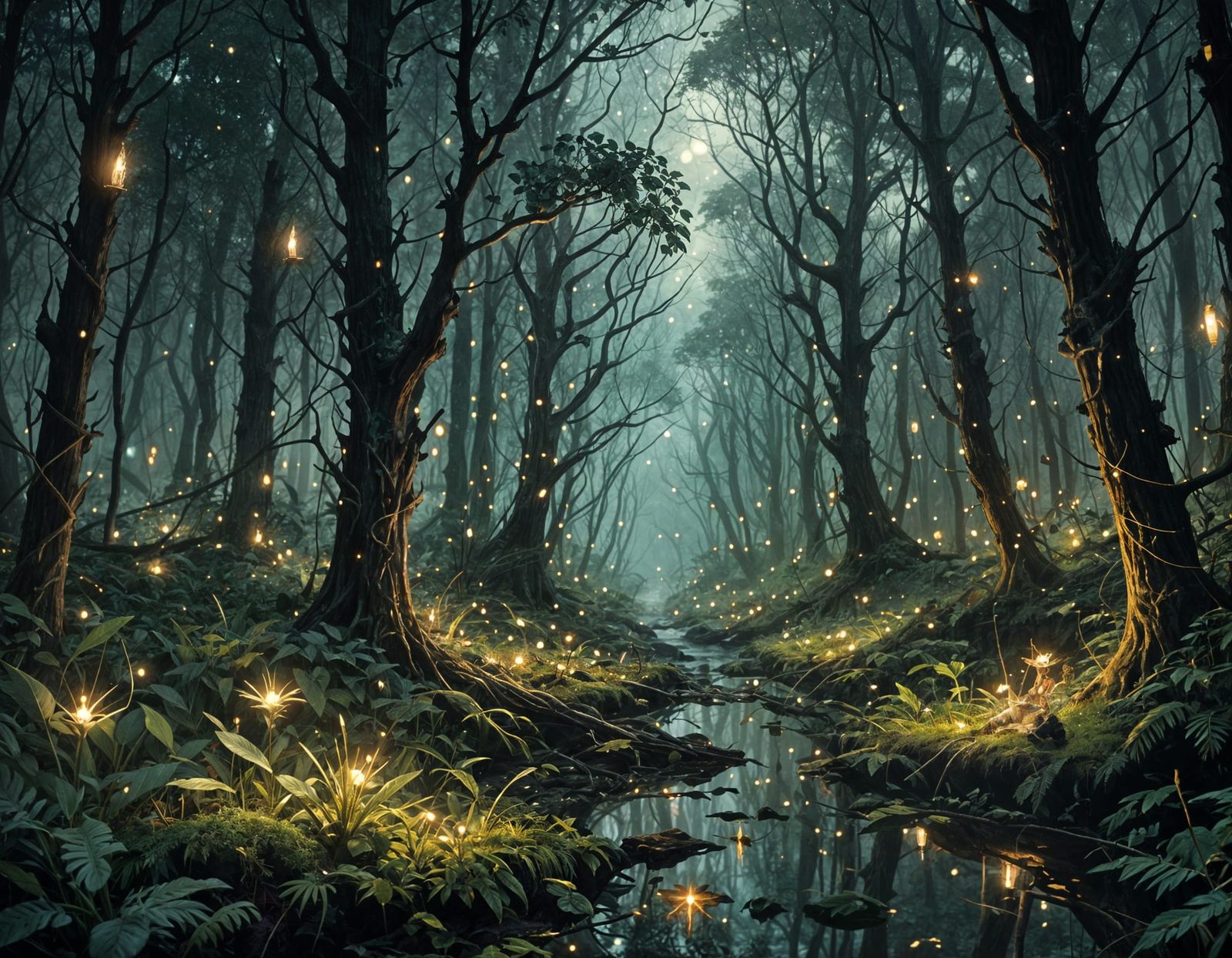 Mystical Forest with Fireflies: 3D Rendered Scene