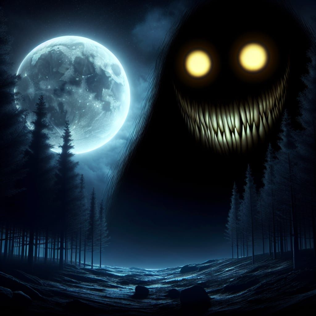 Eerie Silhouette: Grotesque Smile Under a Full Moon