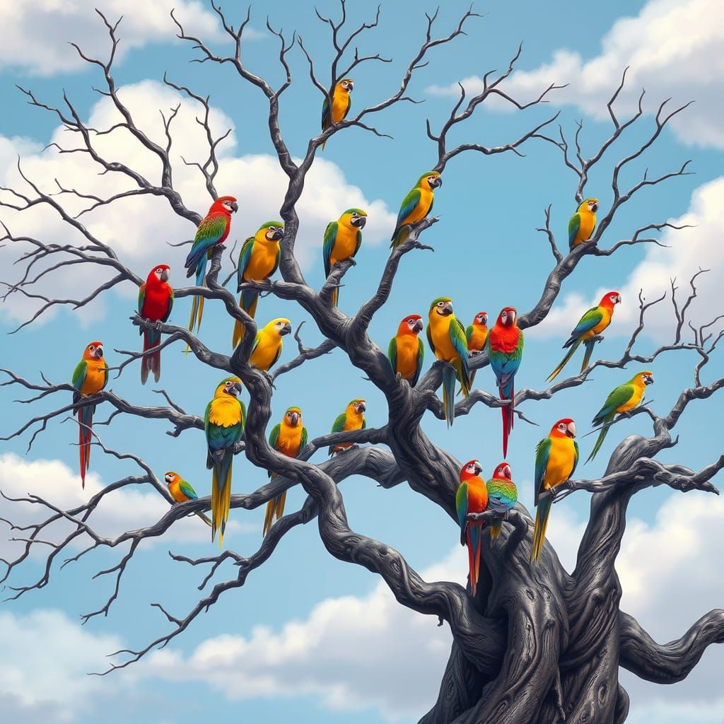 Majestic Winter Tree Adorned with Colorful Birds in Whimsica...