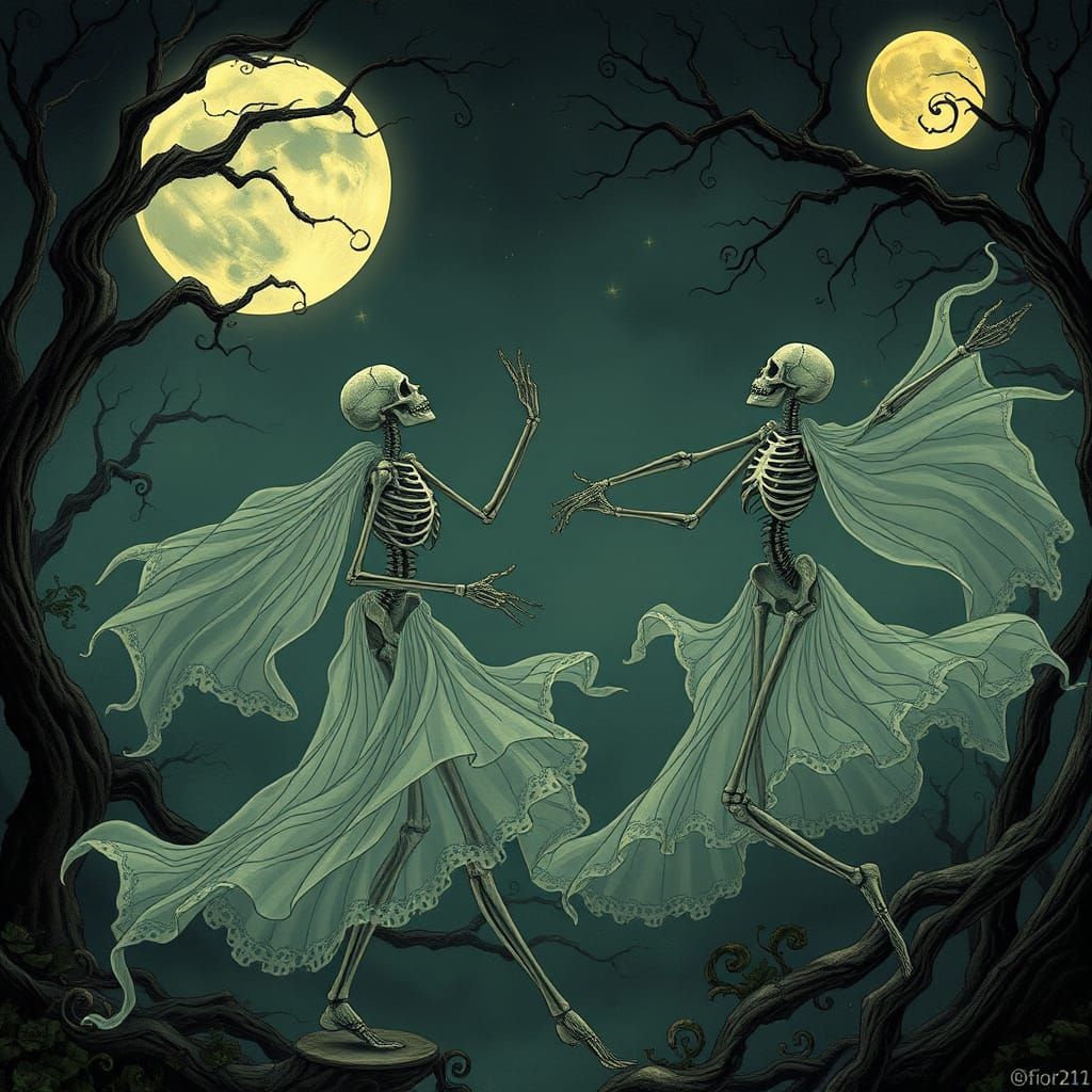 Ethereal Art Nouveau Skeletons Dance Under Moonlight