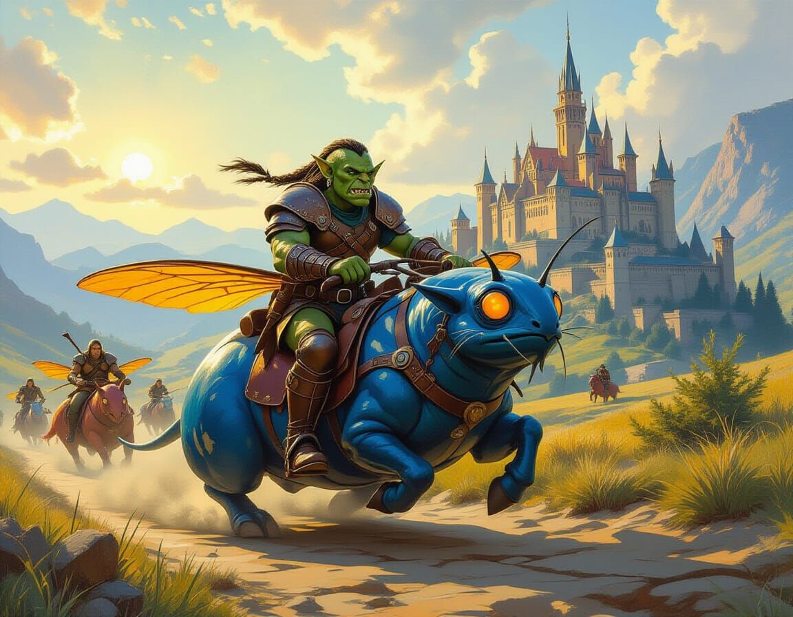 Orc Races Earwig Toward Rivendell in Oil Painting