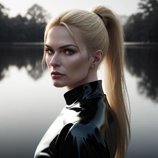 Mature Blonde in Red Latex Dress, Hyperrealistic Photo