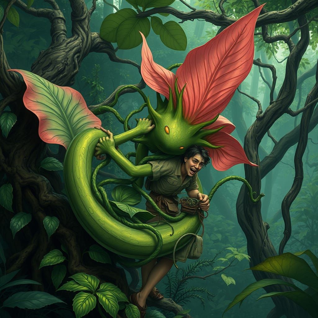 Feminine Jungle Plant Ensnaring Terrified Explorer in a Myst...