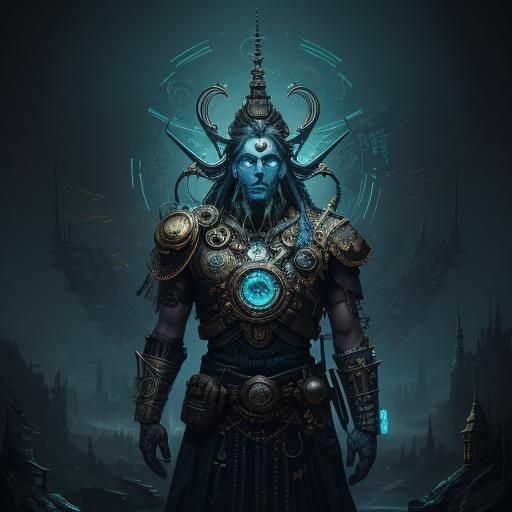 Cyberpunk Robotic Gnome in Bioluminescent Cityscape