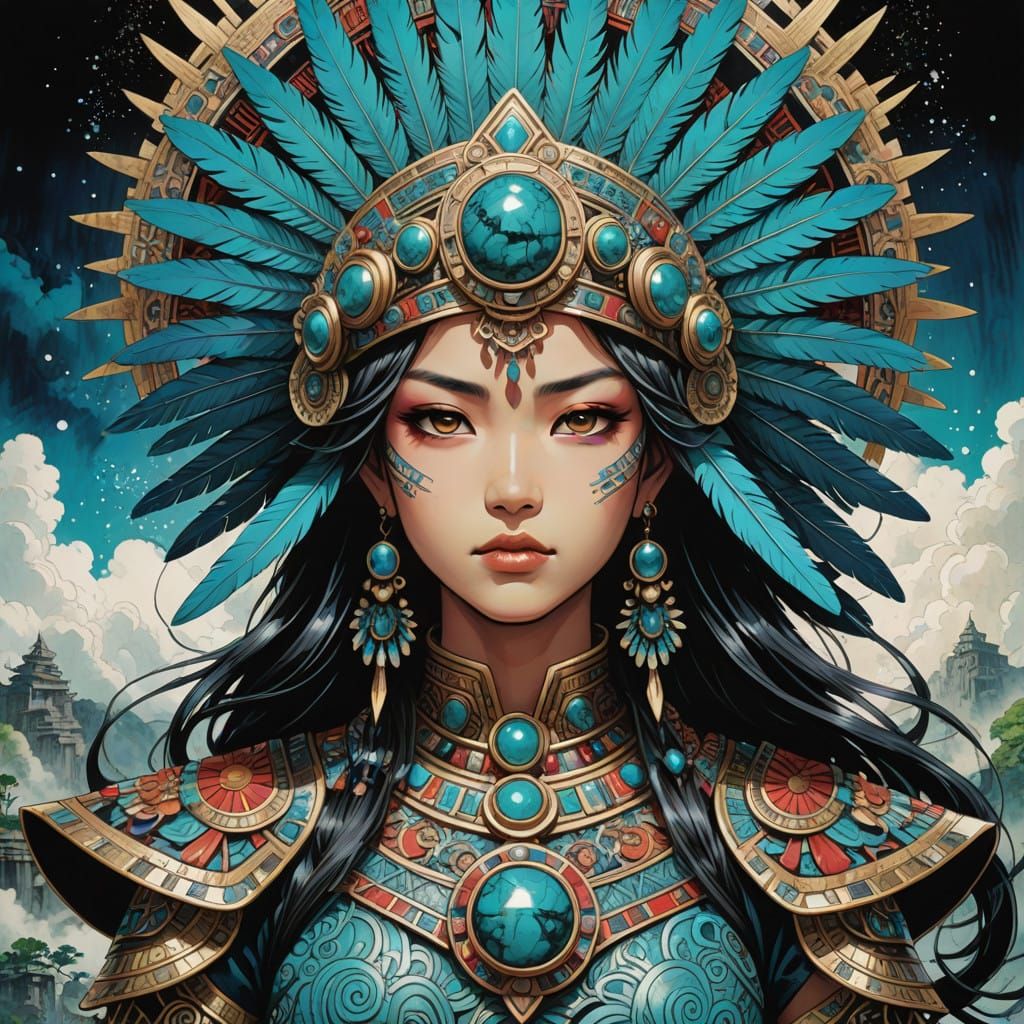 Aztec Princess in Vibrant, Mystic Anime Style