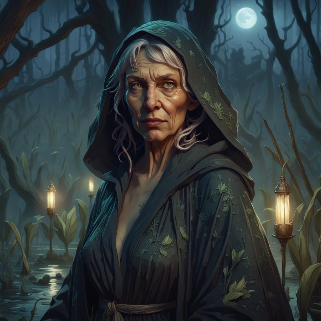 Swamp Woman in Dark Robes: Art Nouveau Portrait