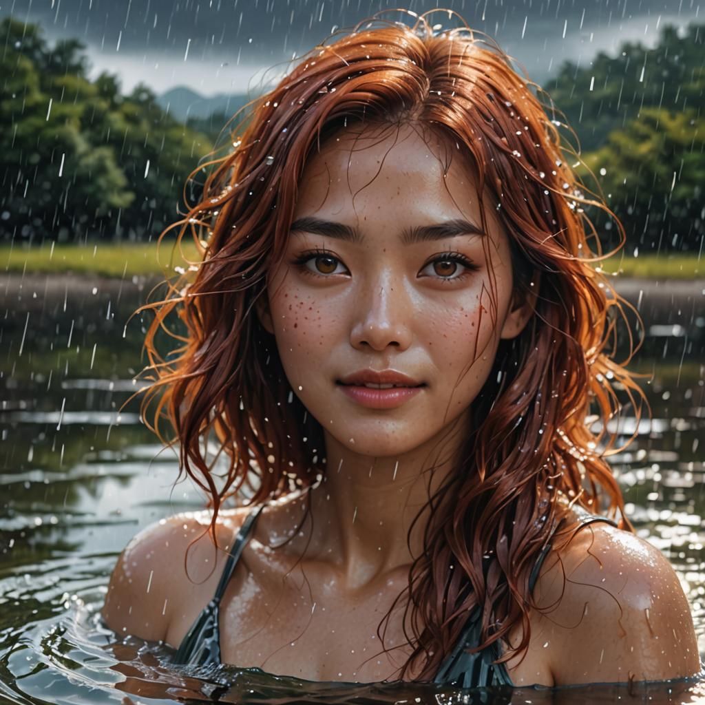 Korean Girl Bathes in Lake: Cosmic Illustration