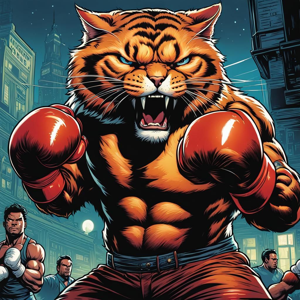 Buff Cat Boxer in Comic Book Style